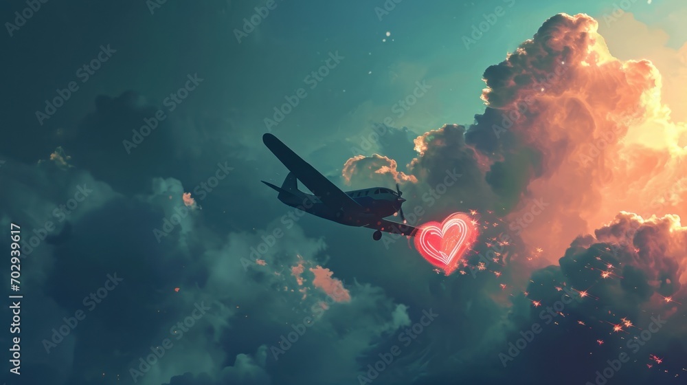 Poster a plane flying through a cloudy sky with a heart shaped object in it's rear end in the foreground.