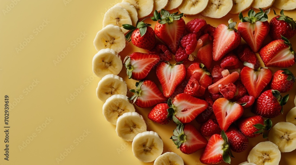 Poster strawberries and bananas arranged in the shape of a heart on a yellow background with a border of ba