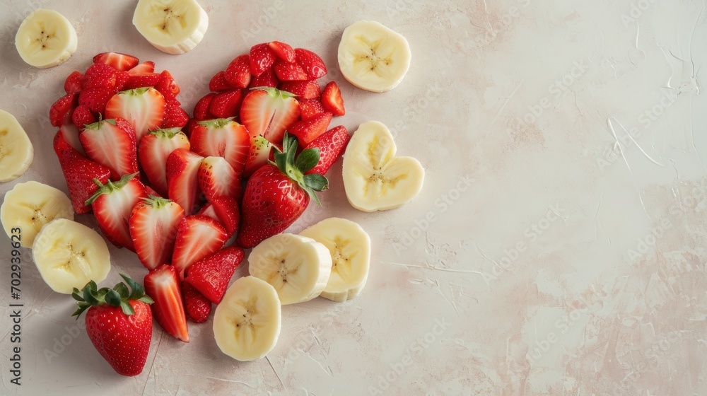 Poster strawberries and bananas arranged in the shape of a heart on a white surface with some cut up banana