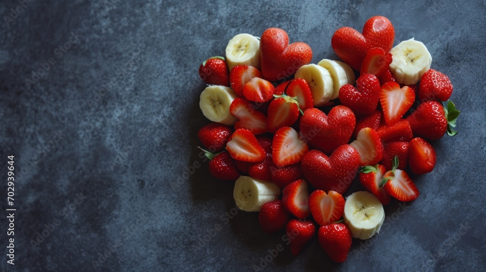 Poster strawberries and bananas arranged in the shape of a heart on a gray surface with a green leaf on top