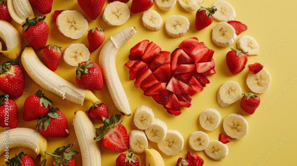 Poster strawberries, bananas and strawberries arranged in the shape of a heart on a yellow background with 