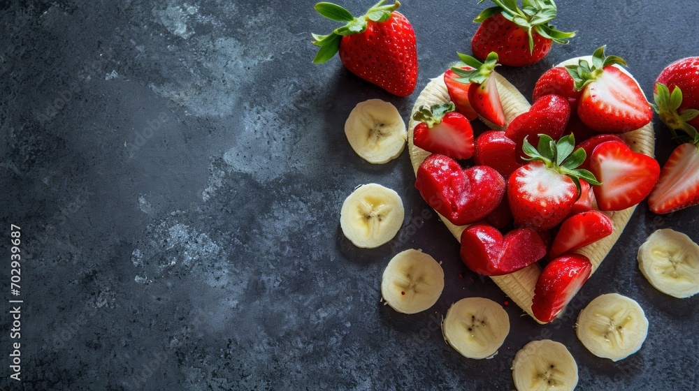 Poster strawberries and bananas are arranged in the shape of a heart on a black surface with a few slices c