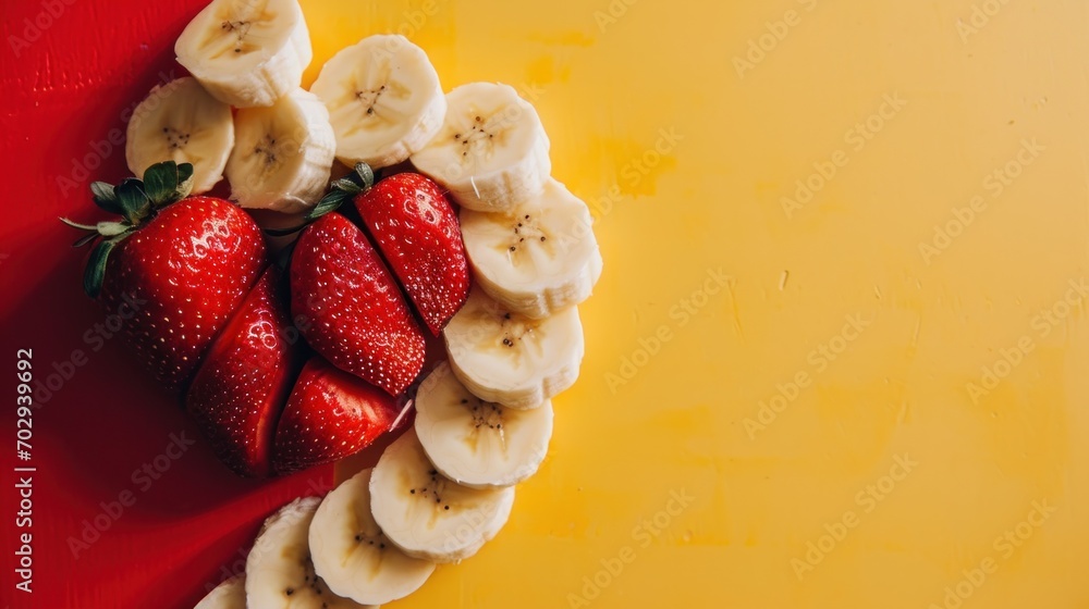 Poster strawberries and bananas arranged in the shape of a heart on a yellow and red background with space 