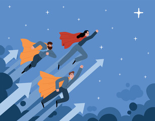 Flying successful business people. Super managers team, strong heroes in strict suits, red capes, striving for goals, vector illustration.eps