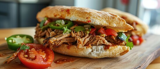 Mexican pork sandwich with beans, jalapeno, and tomato, made at home.