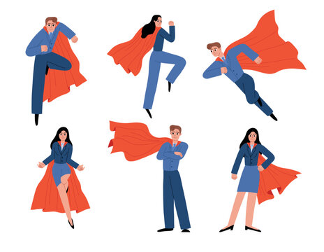 Cartoon super business people characters. Men and women in formal suits and red capes, office employees are superheroes, vector set.eps