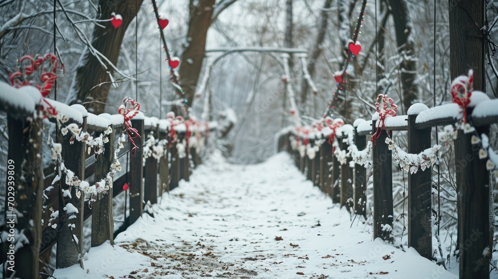 Poster a snowy path with red and white ornaments on the posts and a red heart hanging from the top of the f