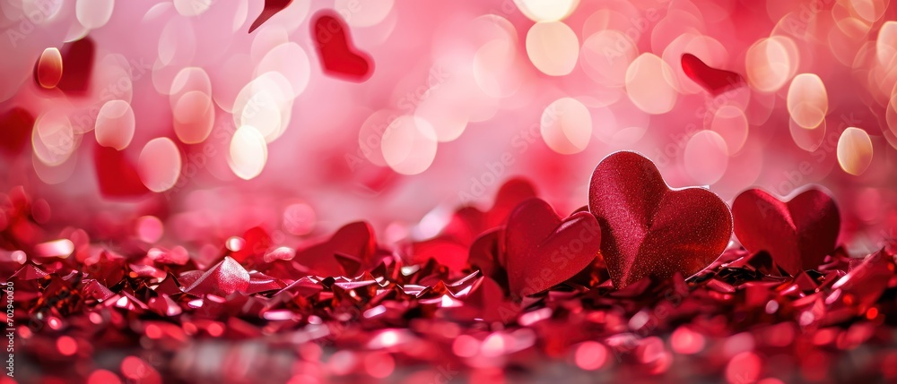 Poster  a couple of red hearts sitting on top of a pile of red confetti covered in confetti.