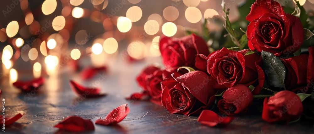 Poster a bunch of red roses sitting on top of a table next to a bunch of candles and a string of lights.