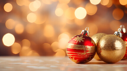 Red and Gold Christmas balls with bokeh lights