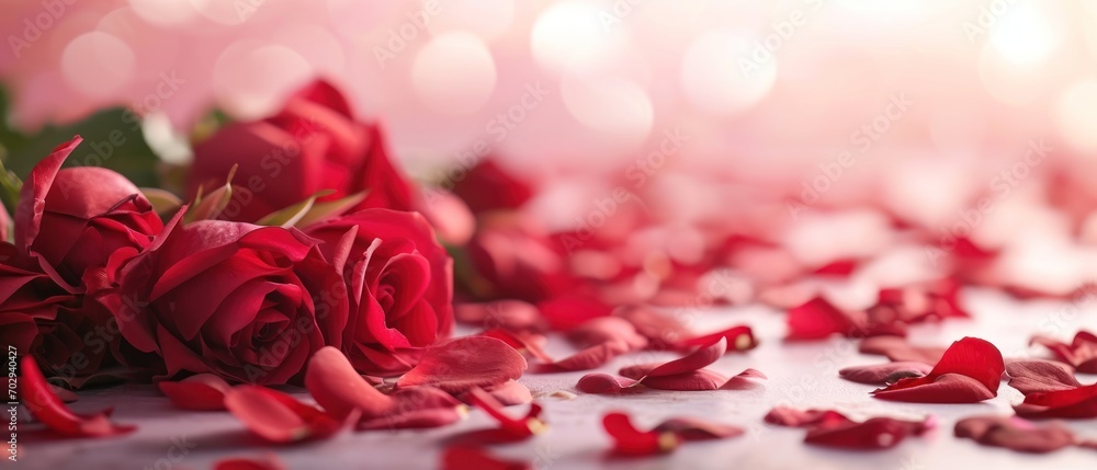 Poster a close up of a bunch of red roses on a table with petals scattered on the table and a blurry backgr