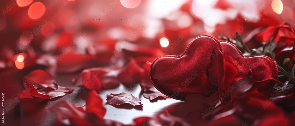 Poster a close up of a red rose petals with a heart shaped object in the middle of the petals and lights in