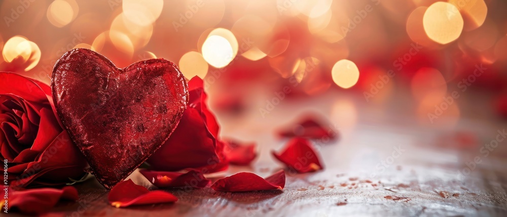 Aufkleber a close up of a red rose with a heart shaped object in front of a boke of lights in the background.