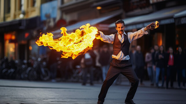 A performer juggling flaming torches while dancing to a musical number on a street corner.