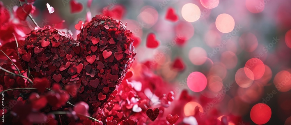 Poster a close up of a heart shaped object in the middle of a field of red hearts with boke of lights in th