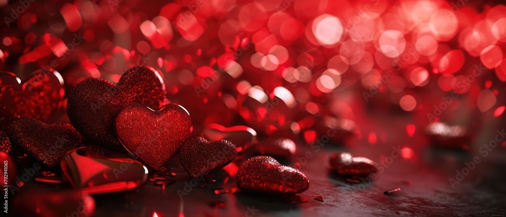 Poster a group of red hearts sitting on top of a table next to a pile of other red heart shaped objects.