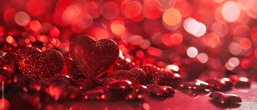 Poster a group of red hearts sitting on top of a table next to a pile of chocolates on top of a table.