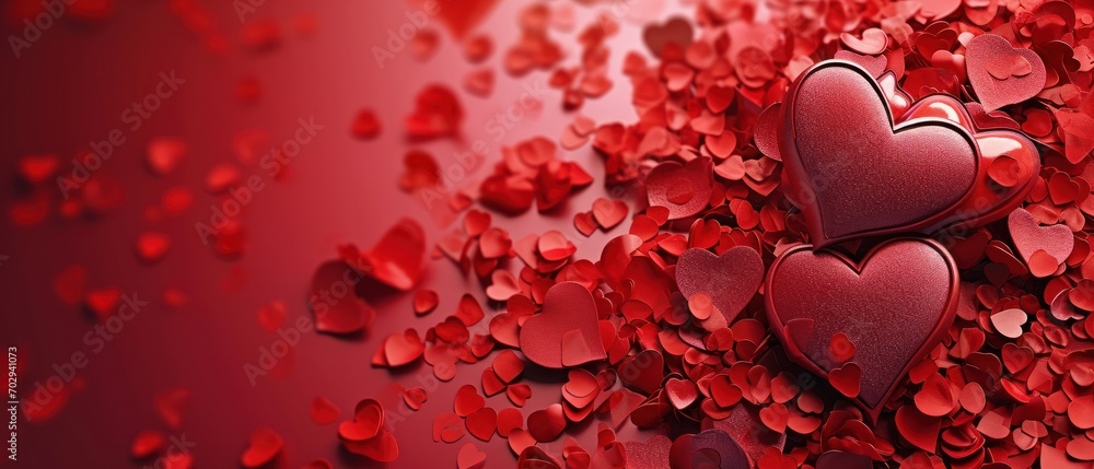 Poster a group of red hearts floating on top of a red surface with lots of small hearts floating on top of 