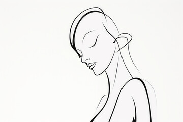 Minimalist line drawing of a woman leaning forward, her fingers touching, lost in thought.