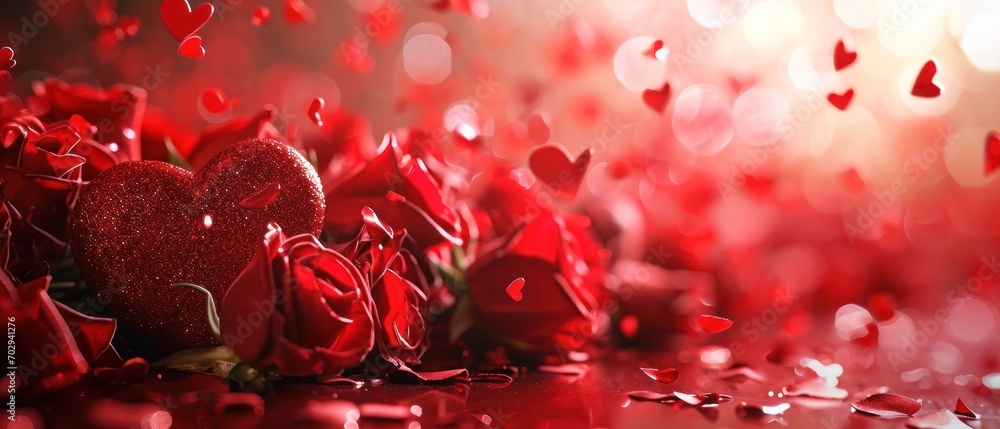 Poster a close up of a bunch of red flowers with a heart shaped object in the middle of the image with a bo