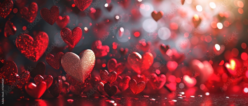 Poster a valentine's day background with red hearts floating in the air, creating a blurred effect the hear