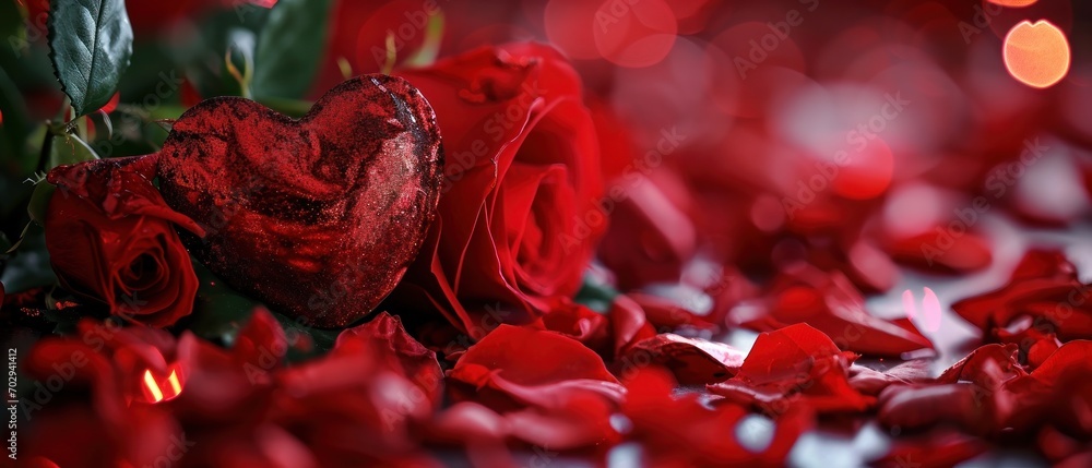 Poster a close up of a bunch of red roses with a heart shaped object in the middle of the petals and lights