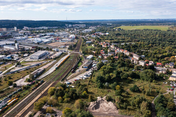 Fototapeta na wymiar Districts on the right side of the Oder River in Szczecin from a drone in Poland.