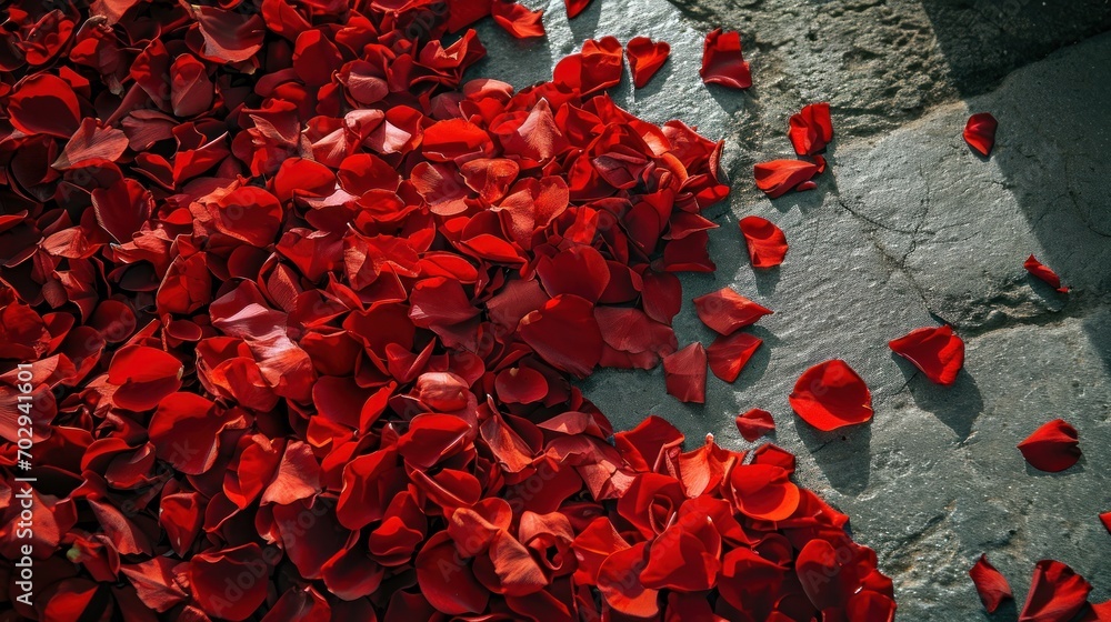 Poster a close up of a bunch of red petals on a stone wall with a shadow of a person standing in the backgr