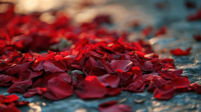  a close up of a bunch of red petals on the ground with a blurry background of red petals on the ground.