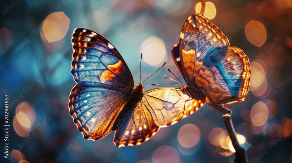Poster a close up of two butterflies on a twig with a boke of lights in the back ground behind them.