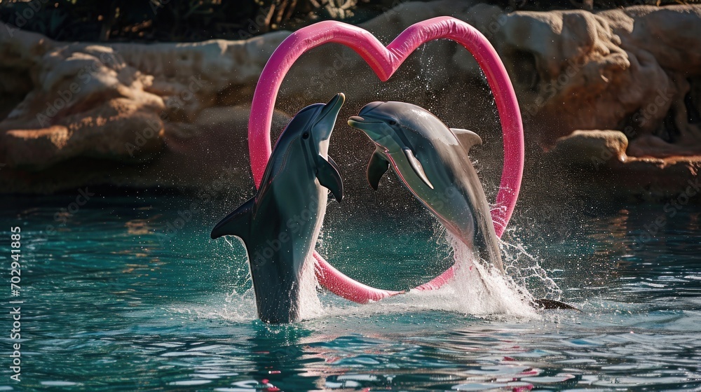 Poster two dolphins playing in the water with a heart shaped object in the middle of it's back and a pink r
