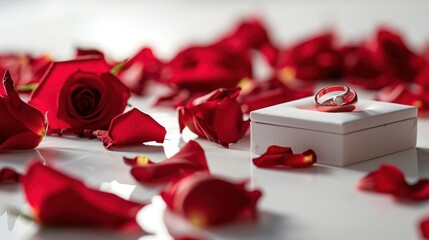  a white box with two wedding rings on top of it, surrounded by red rose petals on a white surface The background is slightly blurred, giving the image a dreamy fee