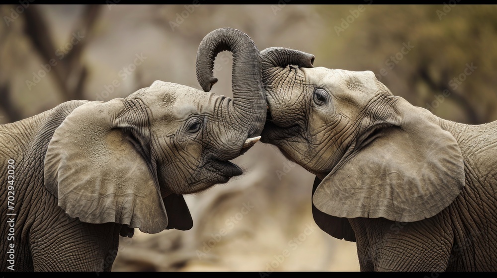 Poster two elephants standing next to each other with their trunks touching each other's foreheads in front