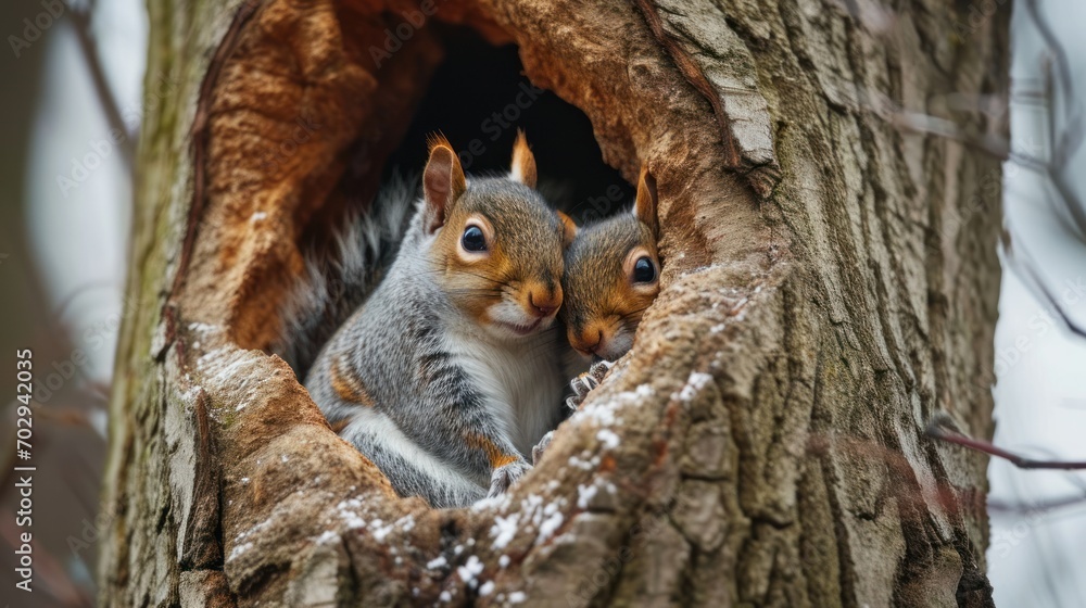 Aufkleber two squirrels sitting in a hollow of a tree in a winter scene with snow on the ground and trees in t