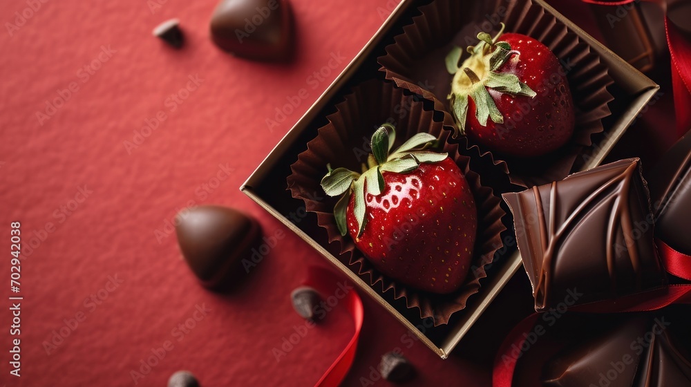 Poster two chocolate covered strawberries in a box with a red ribbon on a red surface with chocolate hearts