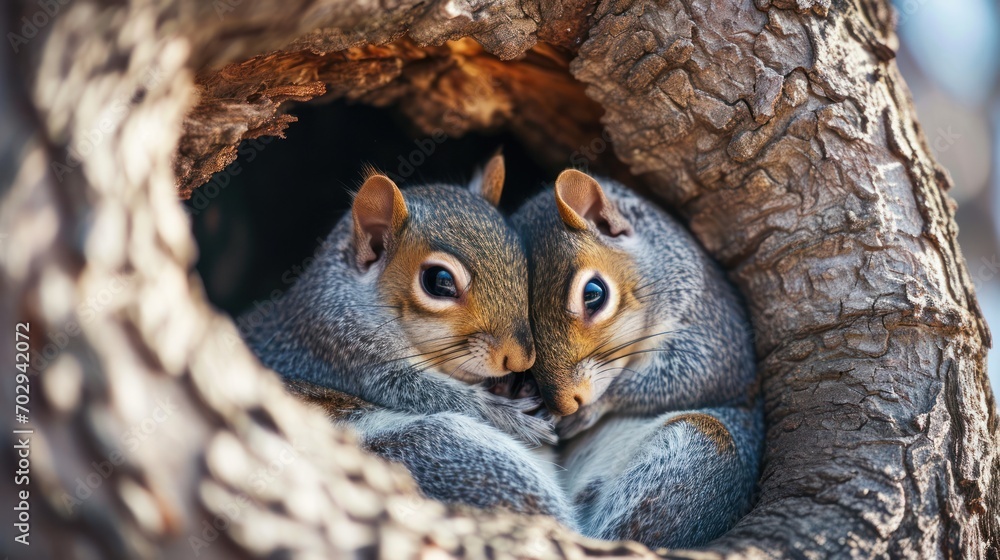Poster a couple of squirrels that are sitting in a hole in the bark of a tree, one of them is looking at th