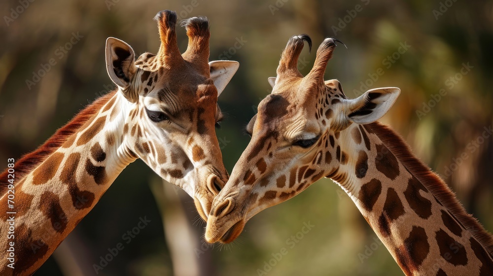 Poster two giraffes standing next to each other with their heads touching each other in front of a forest.