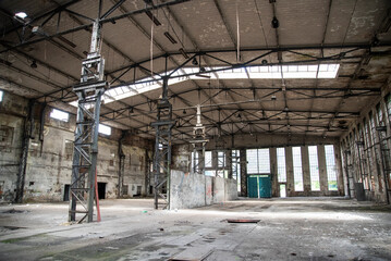 Old, destroyed and abandoned factory, urbex industrial hall.