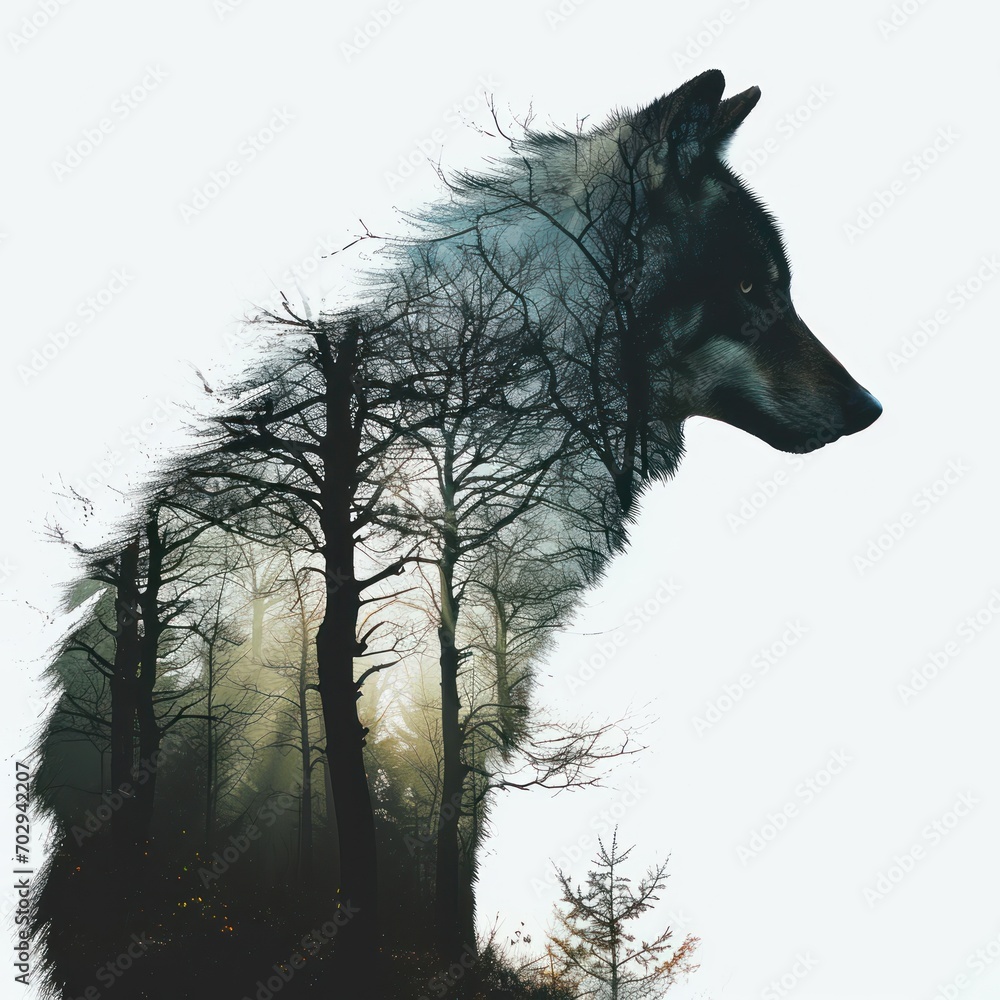 Poster a wolf standing in the middle of a forest with trees in the foreground and a foggy sky in the backgr