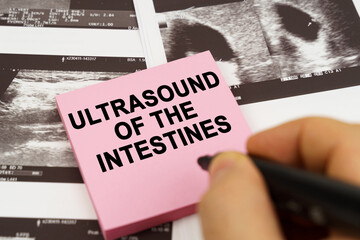 On the ultrasound pictures there are stickers that say - Ultrasound of the intestines - obrazy, fototapety, plakaty
