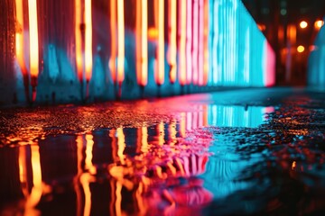 Vibrant Illumination: Abstract Neon Light Installation Reflects On Water In Exhibition Setting