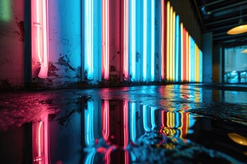 Iridescent Neon Lights Illuminate Water's Reflection: Captivating Exhibition Backdrop