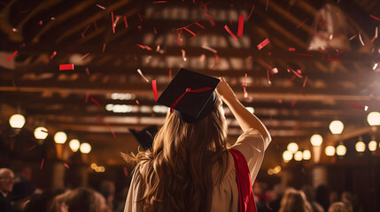 Rearview photo of a graduate man student, young male person in university or college classroom, wearing academic gown and black mortarboard hat or cap, confetti falling, diploma ceremony
