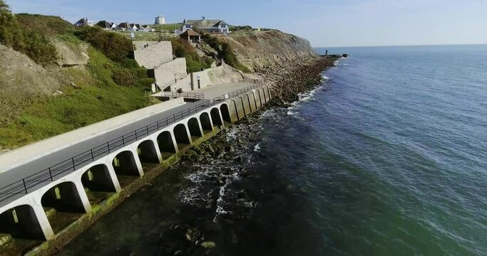 Drone view of Sunny sands coastline in Folkestone Kent at high tide