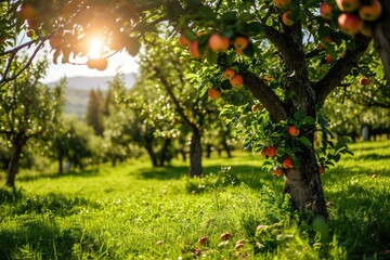 Fototapeta na wymiar Serene Scenes Of An Age-Old Apple Orchard On A Sun-Kissed Green Lawn