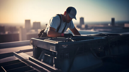 Technician man doing repair or maintenance work service on electric air conditioner on the house or building roof, wearing working uniform and a hat.Professional electricity worker fixing ventilation 