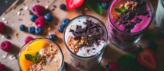 Nutritious smoothie with nut butter, milk, fruit, and chocolate. - obrazy, fototapety, plakaty