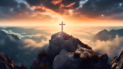 Wooden cross silhouette on rocky mountain top or peak, sunrise on the sky. Christian faith or religion, crucifixion of Jesus Christ, Calvary sacrifice for salvation and forgiveness - obrazy, fototapety, plakaty