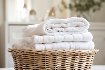 Fototapeta na wymiar Stack of white folded towels in basket