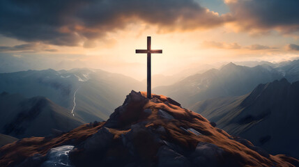 Wooden cross silhouette on rocky mountain top or peak, sunrise on the sky. Christian faith or religion, crucifixion of Jesus Christ, Calvary sacrifice for salvation and forgiveness - Powered by Adobe